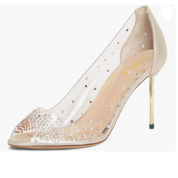 FSJ Gold Studded Pointed Toe Transparent Pumps High Heels Shoes - Picture 1 of 6